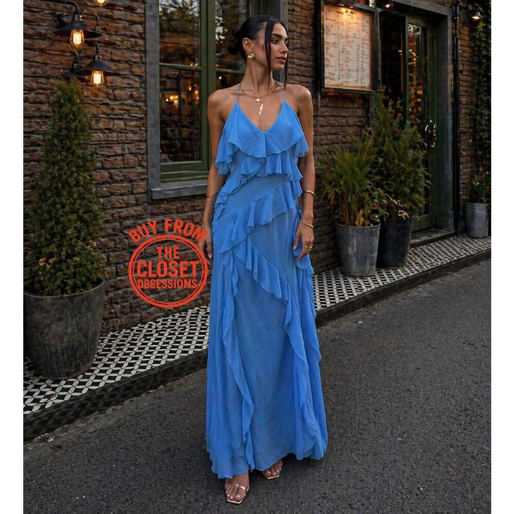 Zara Blue Ruffle Tiered Maxi Dress Strappy V-Neck Flowy Wedding Guest Size M L - Picture 3 of 16